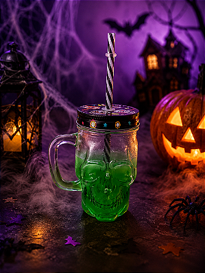 Caneca Caveira de Vidro Halloween com Canudo e Tampa Preta com Estampa - 350 ML