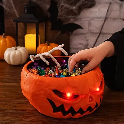 Petisqueira Porta Doces Abóbora Halloween com Sensor de Movimento - Movimento/Luz/Som - 27cm