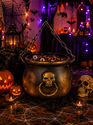 Caldeirão de Bruxa com Caveira e Corrente – Decoração Halloween | Enfeite Assustador
