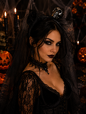 Tiara Halloween Caveira Noiva Cadáver Com Véu - Caveira Preta -100cm