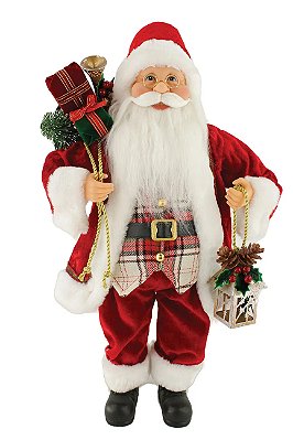 Boneco Papai Noel Com Colete Xadrez Lanterna e Saco de Presentes nas Costas 41cm