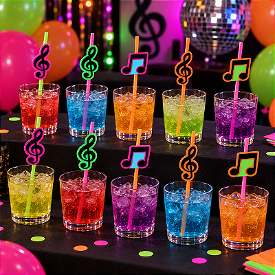 Canudos Divertidos Notas Musicais Neon - 10 Unidades