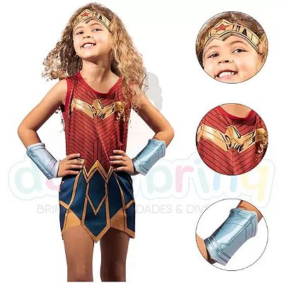 Fantasia Infantil Mulher Maravilha Vestido Tiara Braceletes - Tamanho M