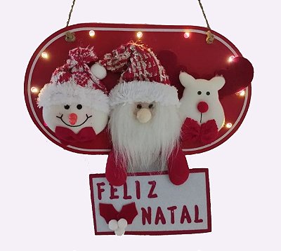 Placa Mdf Feliz Natal Iluminada LED Trio Bonecos Pelúcia Feliz Natal 28cm