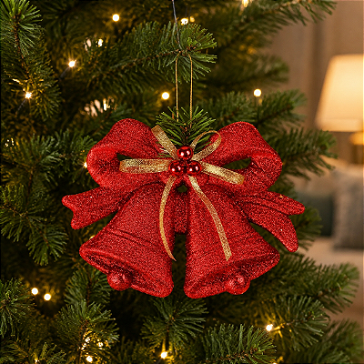 Sino Duplo Vermelho com Glitter 20x14cm – Enfeite de Natal Decorativo