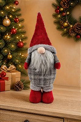 Gnomo Boneco de Natal Cinza Vermelho Luxo 48cm