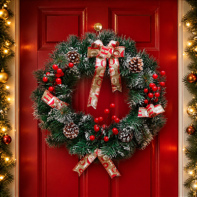Guirlanda Decorada Nevada 40cm com Laços e Pinhas – Decoração Natalina Clássica e Elegante