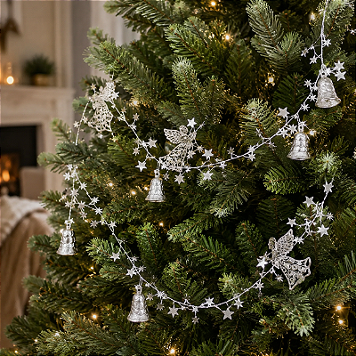 Corrente De Natal Sinos Anjos e Estrela Prata - 2 Metros