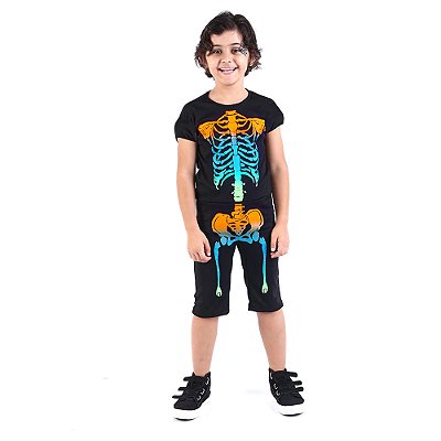 Fantasia Esqueleto Neon Infantil Macacão Curto - Tamanho M