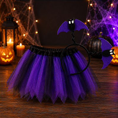 Kit Fantasia Infantil Halloween - Saia Tule Roxo/Preto + Tiara