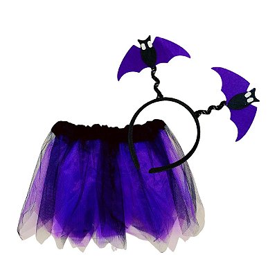 Kit Fantasia Bruxinha - Saia Tule e Tiara com aplique - Roxo/Preto - Infantil