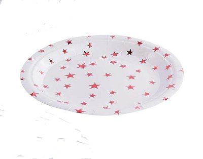 Prato de Papel 22cm Estrelas - 6 Peças - Branco com Estrelas Vermelhas