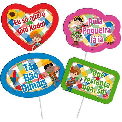 Placas Divertidas Festa Junina Com Varetas 19x12cm - 04 Unidades