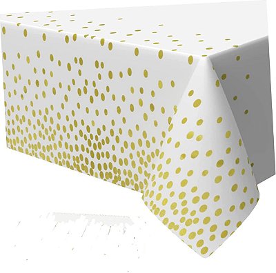 Toalha De Mesa Metalizada Branca com Bolinhas Douradas - 137 x 183 cm