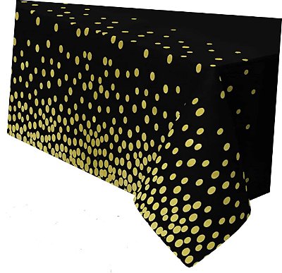 Toalha De Mesa Metalizada Preta com Bolinhas Douradas - 137 x 183 cm