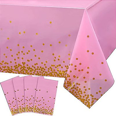 Toalha De Mesa Metalizada Rosa com Bolinhas Douradas - 137 x 183 cm