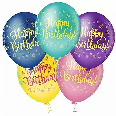 Balão Bexiga Fantasia Happy Birthday Sortida - Tamanho 10 Polegadas (25cm) - 25 Unidades