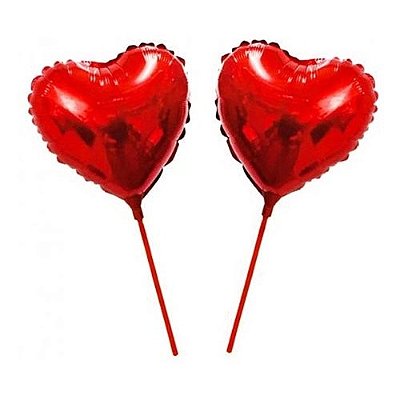 Balão Metalizado Coração Vermelho - Tamanho 20cm Largura E Vareta De 19cm - 1 Unidade