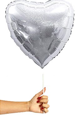 Balão Metalizado Coração Prata Linha Hologlitter - Tamanho do Balão 10 Polegadas (25cm) + Vareta de 19cm - 1 Unidade