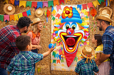 Jogo Painel Boca de Palhaço Bocão Festa Junina 63x50cm + 3 Bolinhas Coloridas