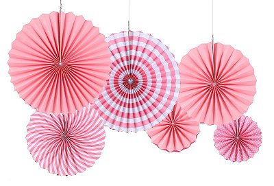 Kit Leques Enfeite de Papel Rosa- 6 Unidades (2 unds de 40cm + 2 unds de 30cm + 2 unds de 20cm)