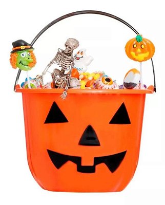 Balde De Abóbora De Halloween Doces Ou Travessuras Com Alça - Cor Laranja - 19cm x 15cm