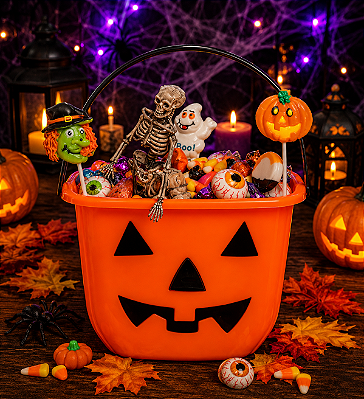 Balde De Abóbora De Halloween Doces Ou Travessuras Com Alça - Cor Laranja - 19cm x 15cm