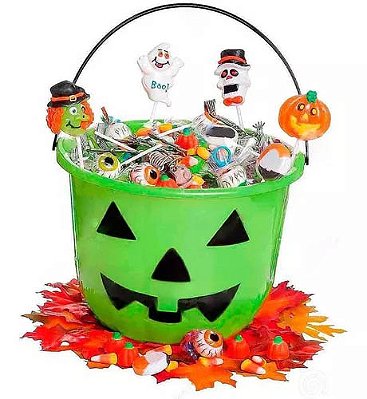 Balde De Abóbora De Halloween Doces Ou Travessuras Com Alça - Cor Verde - 19cm x 15cm