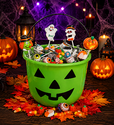 Balde De Abóbora De Halloween Doces Ou Travessuras Com Alça - Cor Verde - 19cm x 15cm