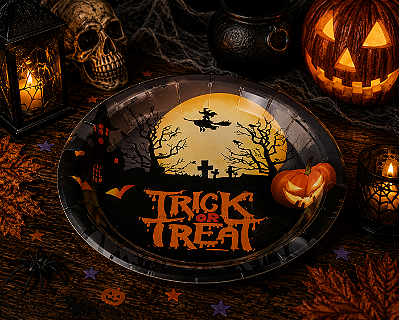 Prato de Papel Halloween Doçura ou Travessura - 18cm - 10 Unidades