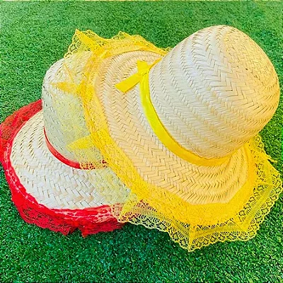 Chapéu de Palha com Renda Adulto - Cores das Faixas e Rendas Sortidas - 1 Unidade