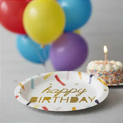 Prato de Papel Liso Happy Birthday 18cm - 10 Unidades