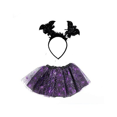 Kit Fantasia Bruxinha - Saia Tule e Tiara com aplique Morcego - Roxo/Preto - Infantil