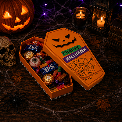 Caixa Em Formato Caixão Happy Halloween - 15cmx10cm