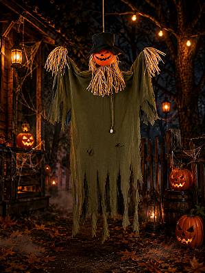 Espantalho Abóbora Pendurado com Som e Luz Halloween – 100cm