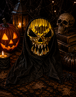 Máscara Caveira Abóbora C/ Capuz Halloween Metalizada - Dourada
