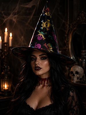 Chapeu Bruxa Caveira Holográfico Halloween