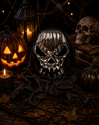 Máscara Caveira Abóbora C/ Capuz Halloween Metalizada - Prata