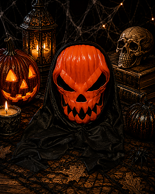 Máscara Caveira Abóbora C/ Capuz Halloween Metalizada - Laranja