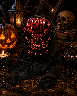 Máscara Caveira Abóbora C/ Capuz Halloween Metalizada - Vermelha