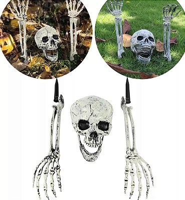 Kit Crânio e Braços Decoração Halloween Esqueleto De Gramado com Estacas - 3 Peças