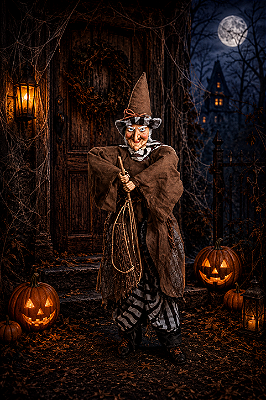 Decoração Halloween Bruxa na Vassoura com Som e Luz - 100cm