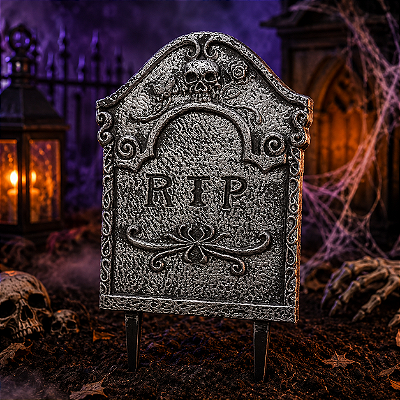 Lápide Rip Halloween de Plástico Com Suporte p/ fixar no Jardim - 24cm x 40cm