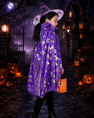Capa Infantil com Estampas de Halloween 90cm - Roxa