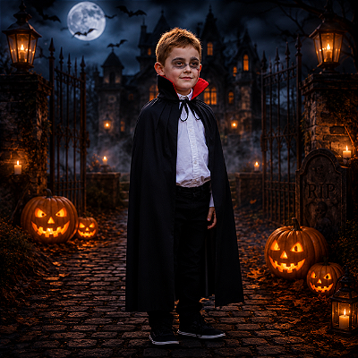 Capa de Vampiro Infantil Preta com Gola Vermelha - 90cm