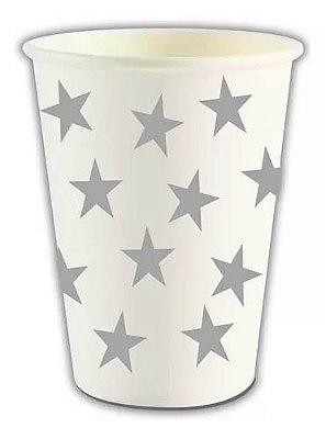 Copo de Papel Branco com Estrelas Prata Festa 250ml - 8 Unidades