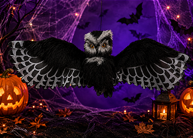 Coruja Negra Halloween 90x40cm – Com Som, Luz e Movimento