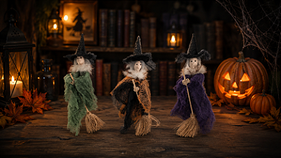 Mini Bruxa na Vassoura para Decoração Halloween – 28 x 15 cm (Modelos Sortidos) - 1 Unidade