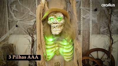Caveira com Chapéu Don Halloween com Sensor, Luz e Som – 100cm
