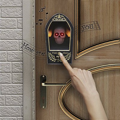 Campainha de Porta Halloween Caixão com Caveira e Som | Efeito Assustador!